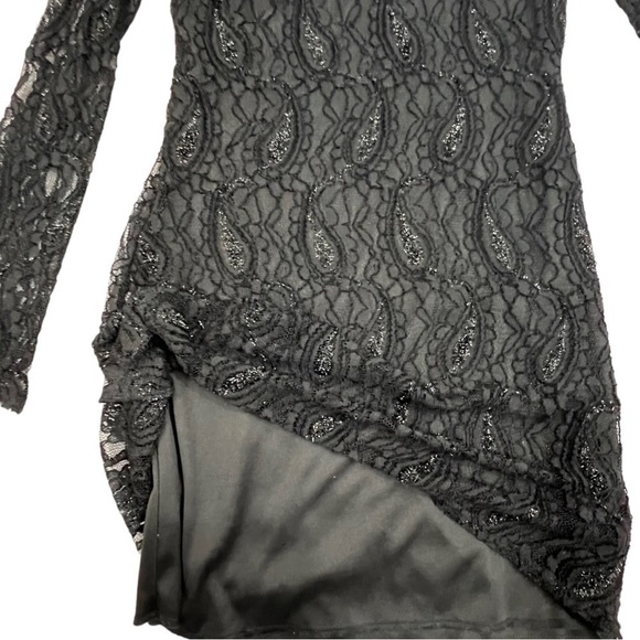 CURE Black Lace Bodycon Mini Dress Medium Scoop Back Long Sleeve Glitter Sheer - Picture 8 of 15